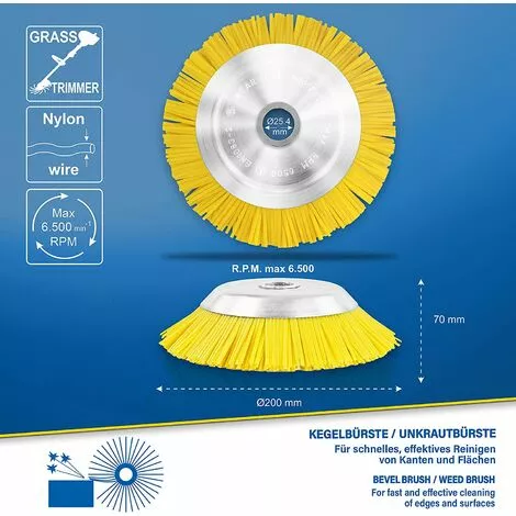 DECKON Tête Brosse Débroussailleuse Universelle. Brosse Désherbage Gazon Mauvaises Herbes En Nylon 200 X 25,4 Mm Jaune 4 DECKON Tête Brosse Débroussailleuse Universelle. Brosse Désherbage Gazon Mauvaises Herbes En Nylon 200 X 25,4 Mm Jaune – Image 2